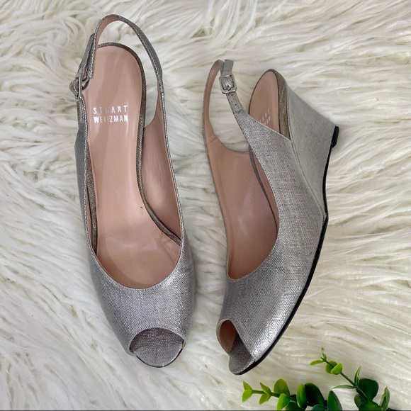 Stuart Weitzman Wedge Silver Metallic Slingback 8